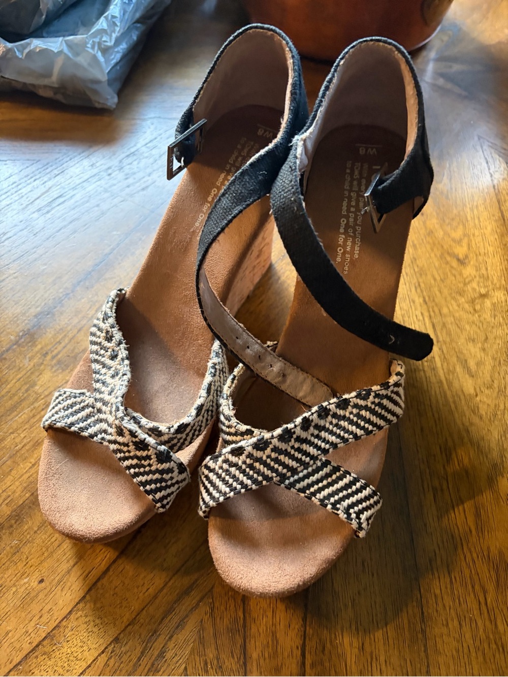 Toms Black and Tan Woven Strap Wedge Sandals